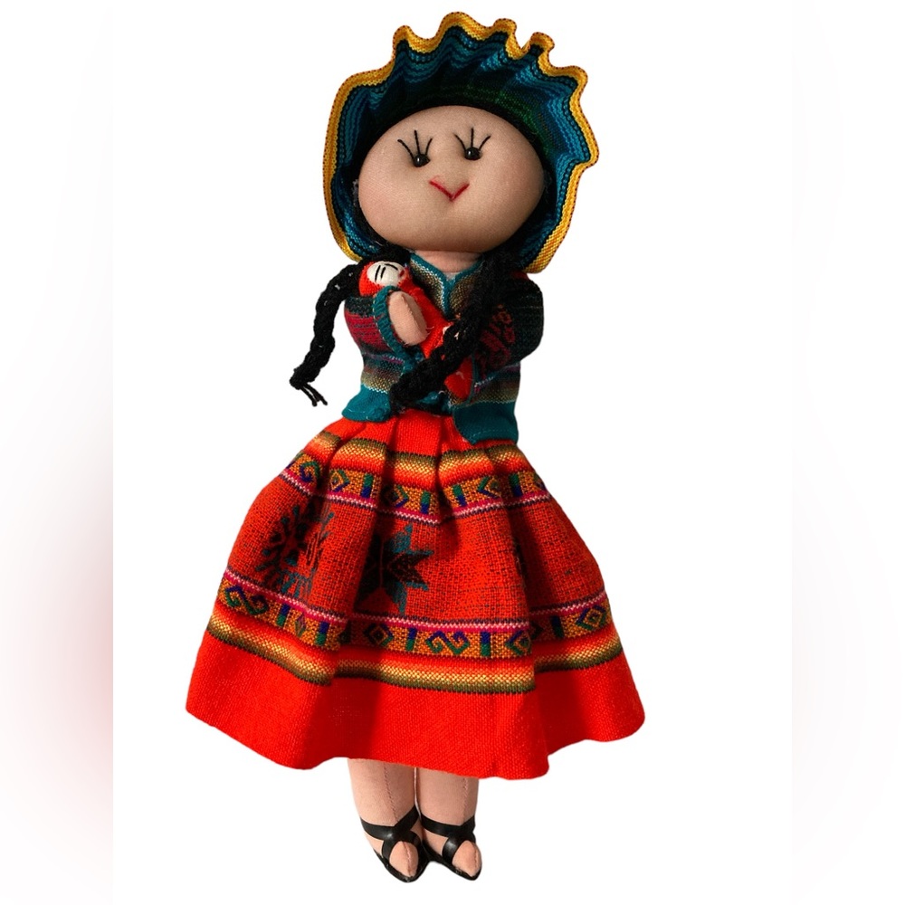 Handmade Peruvian Andes Fabric Plush Doll Folk Art Mother Baby 13"  No Tags